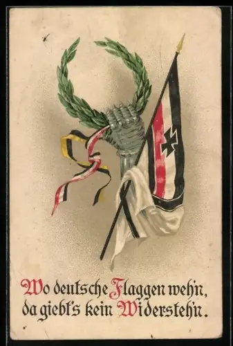AK Eisenhandschuh mit Eichenkranz, Bänder des Zweibunds, Wo deutsche Flaggen weh`n, da gibt`s kein Widerstand