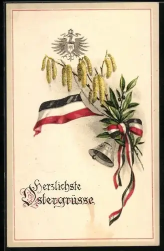 AK Herzlichste Ostergrüsse, Nationalfahne mit Glocke und Zweig, Deutscher Adler