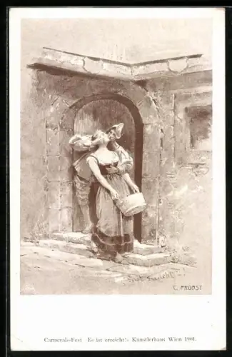 Künstler-AK Wien, Künstlerhaus Carnevals-Fest 1901, behelmter Mann küsst Frau im Türeingang
