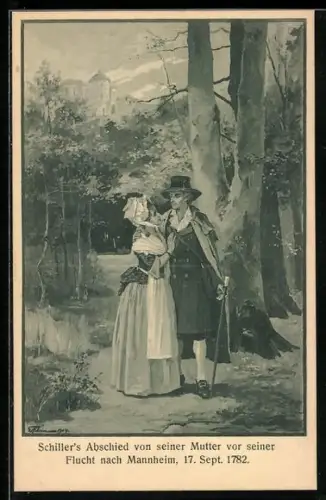 Künstler-AK Schiller`s Abschied von seiner Mutter vor seiner Flucht nach Mannheim, 1782