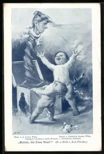 Künstler-AK zwei Kinder amüsieren sich über den Springteufel, der ihrer Tante ähnelt