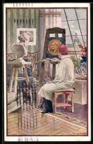 Künstler-AK Rotes Kreuz Nr. 512: Bildhauer aus den Invalidenschulen fertigt ein Relief von Kaiser Franz Josef I. von Öst