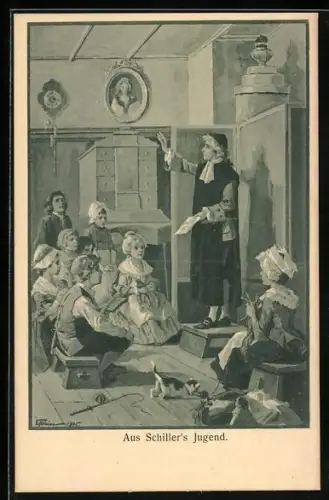 Künstler-AK Aus Schillers Jugend, Vorlesung eines Gelehrten