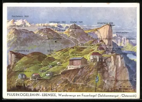 AK Ebensee /Salzkammergut, Feuerkogelbahn, Wanderwege am Feuerkogel mit Naturfreundehaus, Höllkogel & Dachstein