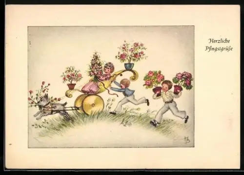 Künstler-AK Hannes Petersen: Junge schiebt Mädchen mit Hundegespann, Pfingstgruss