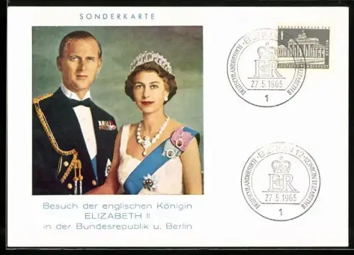 AK Deutschland-Besuch Königin Elizabeth II. und Prinz Philip 1965, Sonderpostkarte mit Portrait