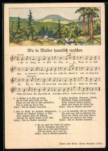 Lied-AK Anton Günther: Wu de Walder haamlich rauschen mit Text und Noten