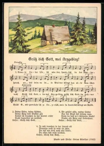 Lied-AK Anton Günther NR: 166-8982, Grüss dich Gott, mei Arzgebirg, Haus im idyllischen Grün
