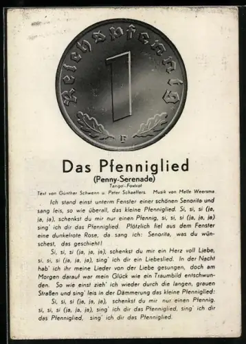 AK Das Pfenniglied, Ich stand einst unterm Fenster..., 1 Reichspfennig