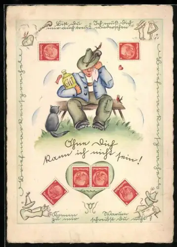 Künstler-AK Briefmarkensprache, Mann mit Katze und Gift auf einer Bank