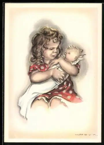 Künstler-AK Hilla Peyk: Schwester wiegt ihr Brüderchen in den Schlaf