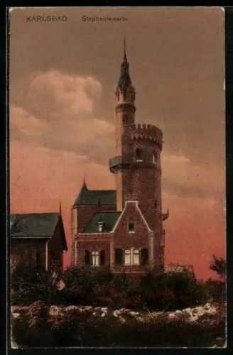 AK Karlsbad, Stephaniewarte in der Dämmerung