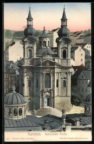 AK Karlsbad, Katholische Kirche, Totalansicht