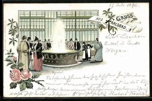 Lithographie Karlsbad, Sprudel mit Kurgästen