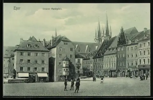 AK Eger, Unterer Marktplatz mit Zentral-Drogerie und Geschäften