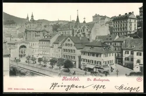 AK Karlsbad, Dr. Becherplatz mit Geschäften und Wohnhäusern