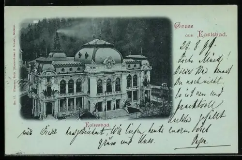 Mondschein-AK Karlsbad, Das Kaiserbad aus der Vogelschau