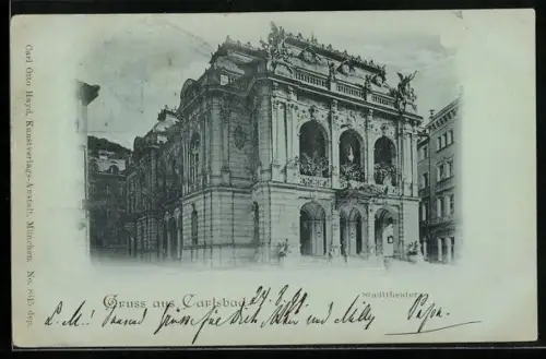 Mondschein-AK Carlsbad, Stadttheater, Totalansicht