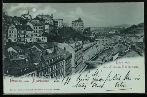 Mondschein-AK Karlsbad, Blick von der Stefans-Promenade