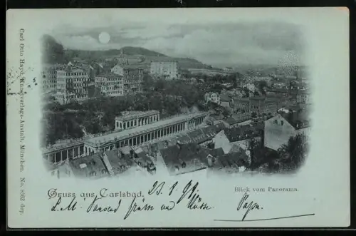 Mondschein-AK Carlsbad, Blick vom Panorama mit Kuranlagen