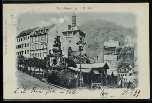Mondschein-AK Karlsbad, Marktbrunnen und Glasfabrik
