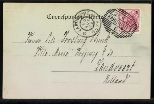 Mondschein-AK Karlsbad, Marktbrunnen und Glasfabrik