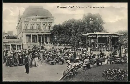 AK Franzensbad, Frühkonzert im Kurgarten, Geschäft für Juwelen, Gold- und Silberwaren