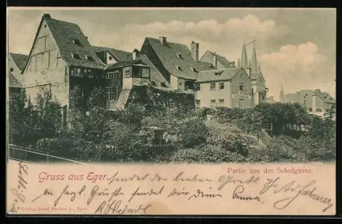 AK Eger, Partie aus der Schulgasse, Brusch`s Restaurant