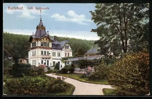 AK Karlsbad, Café Kaiserpark mit Parkanlage