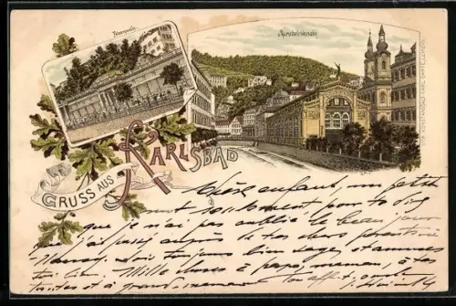 Lithographie Karlsbad, Sprudelcolonade, Felsenquelle