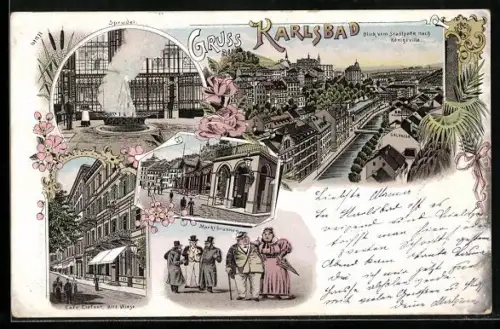 Lithographie Karlsbad, Cafe Elefant, Alte Wiese, Blick vom Stadtpark nach Königsvilla, Sprudel, Marktbrunnen