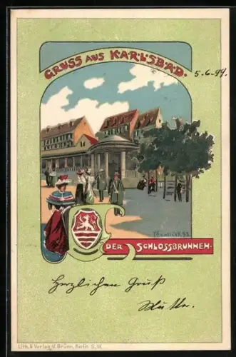 AK Karlsbad, Der Schlossbrunnen mit Passanten