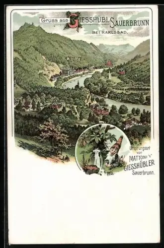 Lithographie Giesshübl Sauerbrunn, Gesamtansicht und Zwerg
