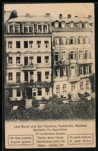 AK Karlsbad, Hotels Lord Byron und San Francisco, Parkstrasse, Besitzerin Frl. Paula Teiner
