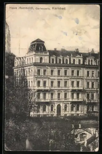 AK Karlsbad, Hotel Haus Humboldt, Gartenzeile