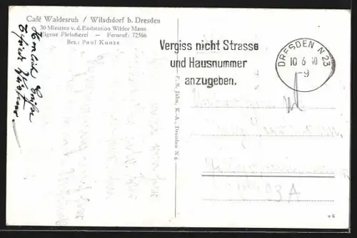 AK Dresden-Wilschdorf, Cafe Waldesruh, Landkarte