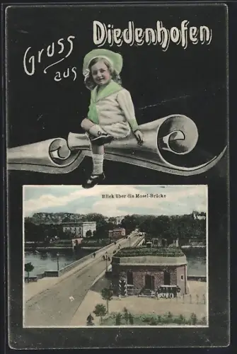 AK Diedenhofen, Moselbrücke mit Gebäuden aus der Vogelschau, Mädchen mit Schriftrollen