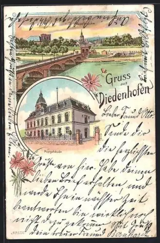 Lithographie Diedenhofen, Postgebäude, Brücke mit Ortspanorama