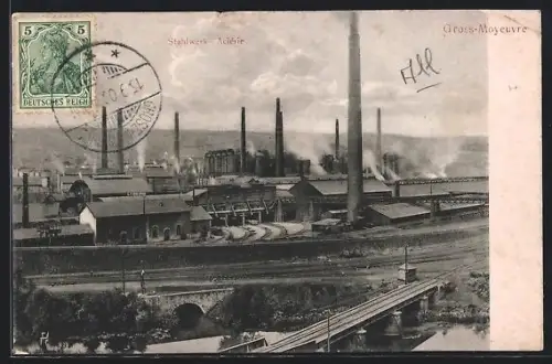 AK Gross-Moyeuvre, Stahlwerk mit Bahnbrücke aus der Vogelschau