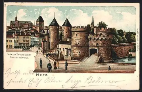 Lithographie Metz, Deutsches Tor von Aussen, Soldaten marschieren, Kaffee zum Deutschen Tor