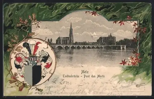 Passepartout-Lithographie Metz, Todtenbrücke mit Kirchenpanorama, Wappen, Eichenlaub