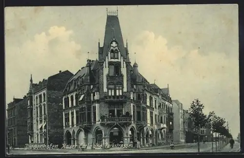 AK Diedenhofen, Kaiser Carl- und Parkstrasse mit Turm-Eckgebäude