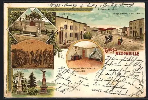 Lithographie Rezonville, Nachtquartiere König Wilhelm, Bismarck u. v. Moltke, Historische Szene als Relief, Denkmäler