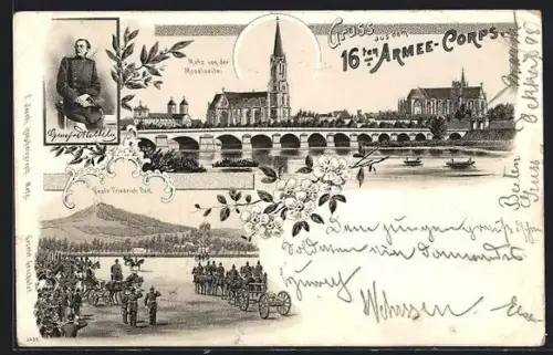 Lithographie Metz, Veste Friedrich Carl mit Militärzug, Ortsansicht von der Moselseite, Militärführer