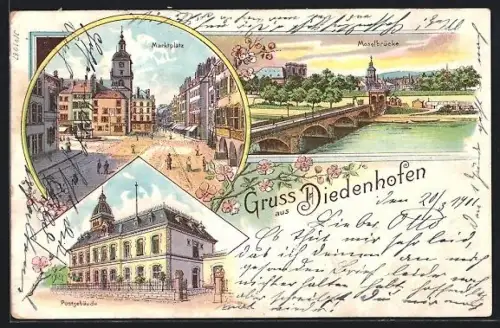 Lithographie Diedenhofen, Marché, Pont sur la Moselle et Poste