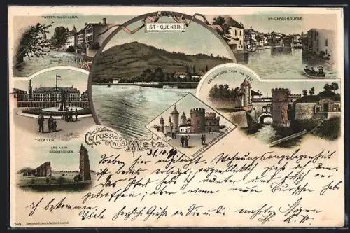 Lithographie St-Quentin, Todter Moselarm, Theater, St. Georgenbrücke