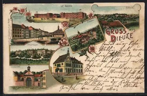 Lithographie Dieuze, Infanterie-Kaserne, Colonie, Offizierhäuser, Post