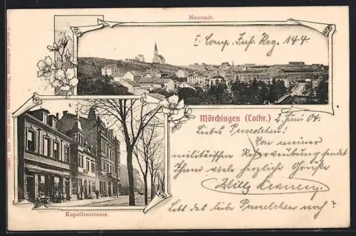 AK Mörchingen /Lothr., Neustadt mit Kirche, Kapellenstrasse