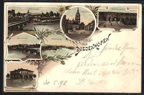 Lithographie Diedenhofen, Gouvernement, Luxemburgerthor, Totalansicht, Marktplatz