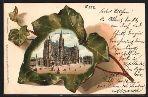 Passepartout-Lithographie Metz, Dom-Cathedrale auf Efeublatt